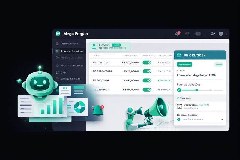 Interface do Mega Pregão com robô de lances e painel